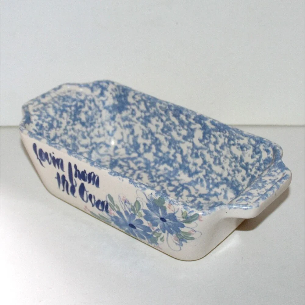 East Texas Pottery Spring Heart Loaf Pan stoneware spongeware blue ceramic baker